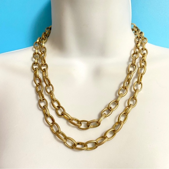 Gold Tone Double Strand Texture Link Necklace - Picture 8 of 8